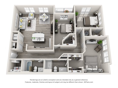 Floor plan for 3 beds, 2 baths, 1346 sqft
